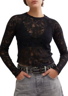 Designed to add effortless edge to any look, this tee from Free People is featured in a sheer mesh lace fabrication for added dimension. | Free People Women's In the Meadow T-Shirt, Black, X-Large Love Letter Long Sleeve, Long Sleeve Knit Top, Free People Blouse, Fall Denim, Mens Style Guide, Black Lace Tops, Long Sleeve Knit Tops, Love Letter, Matching Dresses