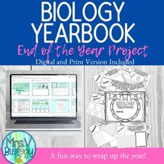 a book cover with the words, biology yearbook end of the year project and an image of a laptop