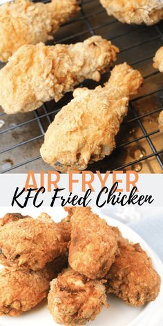 fried chicken on a white plate with the words, air fryer kfc fried chicken