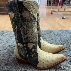 Beige Ostrich Skin, Distressed Black With Beige Floral. Woven Leather Shoes, Female Boots, Tan Leather Ankle Boots, Green Ankle Boots, Brown Block Heels, Cowboy Ankle Boots, Ostrich Boots, Casual Ankle Boots, Feminine Fashion