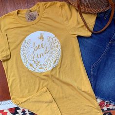 Bee Kind mustard yellow t-shirt, bee kind t shirt, bee kind shirt for women , bee t-shirt for women, Bee T Shirt, Bee Shirt, Positive Tees, Bee Lover Gifts, Bee Kind, Shirts For Teens, Yellow T Shirt, Yellow Print, Spring Shirts