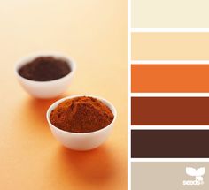 two white bowls filled with brown and orange colored powder next to each other on top of a table