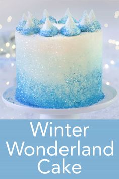 a blue and white cake with the words winter wonderland cake on it's side