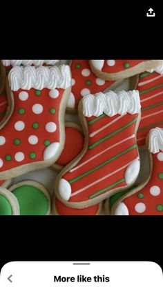 cookies decorated like christmas stockings and boots with white frosting on them are displayed in an instagram