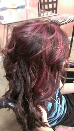 Purple Dye On Dark Brown Hair, Cherry Red Hair With Purple Highlights, Reddish Purple Highlights, Purple Hair Layers, Brown Hair Violet Highlights, Dark Purple In Brown Hair, Brown Hair Plum Highlights, Red And Purple Highlights On Dark Hair, Dark Purple Highlights Light Brown Hair