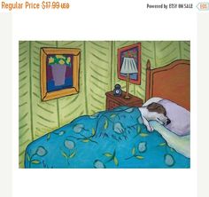 a painting of a dog sleeping on a bed with the ebay logo above it