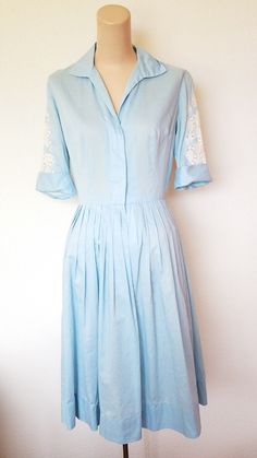 Vintage 50s POLLY BERGEN'S by JACK SQUIRE  Blue Lightweight Cotton & Lace Rockabilly Dress  Size S Shoulders: 15.5" Chest: 37" Waist: 27" Length: 40.5" Polly Bergen, Rockabilly Outfits, Rockabilly Dress, Dress With Cardigan, Vintage Cotton, Cotton Lace, Vintage Dresses, Shirt Dress, Vintage Fashion