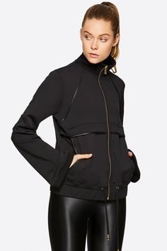 Luxury athleisure for powerful women everywhere. A woman run, women led brand, Alala offers a sophisticated yet bold take on activewear. Alala borrows its name from the Greek Goddess whose title signifies a battle cry, a call to arms. Zip front track jacket Open bottom bell sleeve Rib trim Liquid Shine piping details Gold zipper Draw cord at waist Front pockets Zipper Drawing, Activewear Style, Black View, Spring Capsule, Activewear Fashion, Gold Zipper, Track Jacket, Luxury Women, Powerful Women