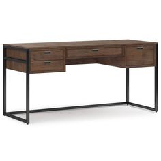 an office desk with two drawers and metal legs