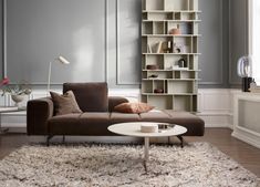 a living room with a couch, coffee table and bookcase in the corner next to a window