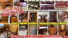 an advertisement for furniture auction with many different items