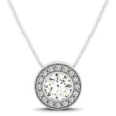 Diamond Halo with Center Bezel in 14k White Gold (5/8 cttw) | Richard Cannon Jewelry Beautiful Diamond Necklace, Round Diamond Pendant, Diamond Heart Pendant Necklace, Silver Diamond Necklace, Solitaire Pendant Necklace, Diamond Jewelry Necklace, Halo Pendant, Heart Pendant Diamond, Modern Necklaces