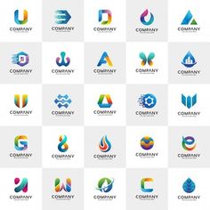 various logos and business cards with different colors, shapes and font options for company logo design