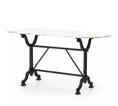 a white table with black legs and a marble top on an isolated surface, viewed from the front