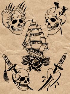 an old school tattoo design with skulls, roses and ships on parchment paper stock photo