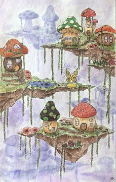 watercolor painting of mushrooms and houses floating in the air