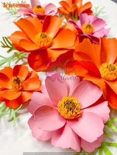 several orange and pink flowers sitting on top of a white tablecloth with green leaves