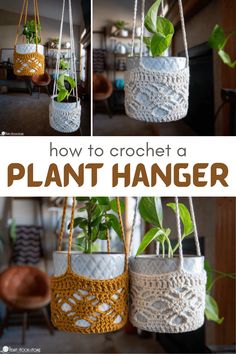 crochet plant hanger with plants in it and the text how to crochet a plant hanger