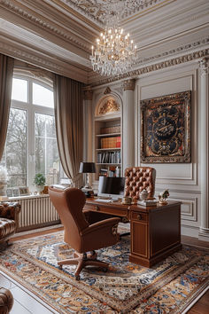 an elegant home office with chandelier, desk and chair in front of large window