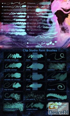 an image of some different types of paintbrushes in the dark blue and pink hues