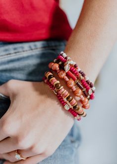 5-Stack Boho Beaded Bracelet Set - Orange – Adorabelles Leaf Pendant, Bracelet Stack, Bracelet Set, Gold Pendant, Beaded Bracelet, Gold Metal