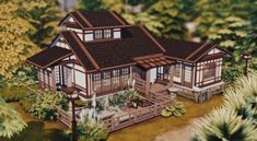 an artist's rendering of a japanese style house in the middle of some trees