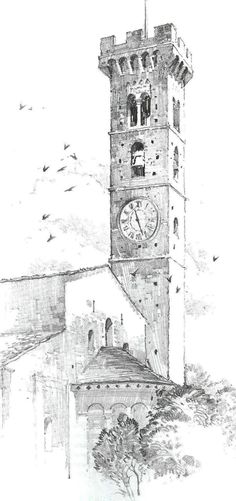 a drawing of a tower with a clock on it