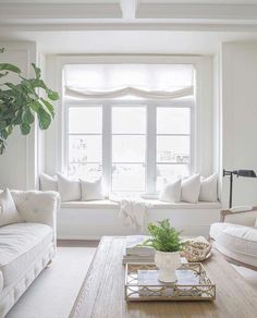 a living room filled with white furniture and a large window covered in plants on top of a wooden coffee table