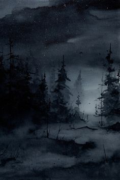 a black and white painting of some trees in the snow at night with stars above