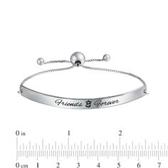 Treat your bestie to a sweet surprise when you present this lovely "Friends Forever" bar bolo bracelet in sterling silver. Created in sterling silver The words "Friends Forever" are beautifully inscribed in a cursive font along the polished bar. A flower detail at the center adds a sweet touch. This box chain bracelet adjusts up to 11.0 inches in length and secures with a bolo clasp and ball ends. Lovely Friends, Bolo Bracelet, Cursive Font, Flower Detail, Box Chain, Friends Forever, A Flower, Sterling Silver Bracelets, Chain Bracelet