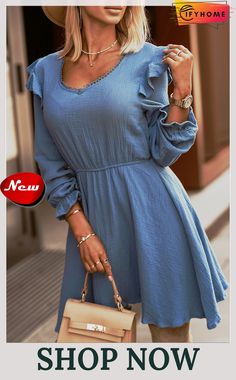 Blue V Neck Puff Sleeves Crinkled Tunic Mini Dress Dresses By Length, Blue V, Women's Fashion Dresses, Puff Sleeves, Puff Sleeve, Short Dresses, Fashion Dresses, On Sale, Mini Dress