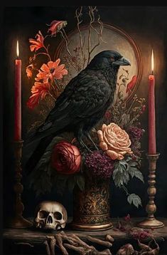 Black cat Raven Halloween Poster Dark Witch Gothic Canvas-MoonChildWorld Skull Flowers, Flowers Candles, Raven Skull, Black Bird, Vase, Candles, Halloween, Wall Art, Frame