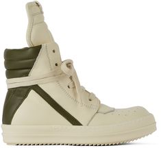 High-top paneled buffed leather sneakers colorblocked in off-white and khaki. · Perforated detailing at round toe for ventilation · Tonal lace-up closure · Padded tongue and collar · Zip closure at inner side for easy on and off · Tonal treaded rubber sole. Supplier color: Milk/Green EU size: child's foot length 19: 4.75 / 12 cm 20: 5 / 12.5 cm 21: 5 / 13 cm 22: 5.25 / 13.5 cm 26: 6.25 / 16 cm 27: 6.75 / 17 cm 28: 7 / 18 cm 29: 7.25 / 18.5 cm 30: 7.5 / 19 cm 31: 7.75 / 19.5 cm 32: 7.75 / 20 cm 3 Beige High-top Sneakers With Contrast Sole For Streetwear, Cream Leather Sneakers For Streetwear, Cream Leather High-top Sneakers With Rubber Sole, Beige High-top Lace-up Sneakers With Contrast Sole, Beige Leather High-top Sneakers With Textured Sole, Beige Lace-up High-top Sneakers With Contrast Sole, Cream High-top Sneakers With Contrast Sole For Streetwear, Beige High-top Sneakers With Textured Sole, Custom Cream Leather Sneakers With Vulcanized Sole