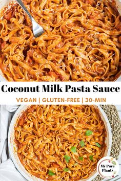 two images side by side with the words coconut milk pasta sauce in it and an image of