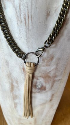 Handmade leather tassel necklace with chunky choker necklace Chunky Choker Necklace, Chunky Choker, Recycled Glass Bead, Suede Tassel, Leather Tassel, Chain Choker, Handmade Necklace, Brass Chain, Recycled Glass