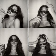 four pictures of a woman with sunglasses on her face and hair blowing in the wind