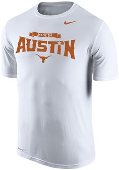 Keep cool while showing your Texas Longhorns spirit in this White Made In Austin T Shirt. This Short Sleeve is the perfect Tee for working out, heading to class, or cheering on the Longhorns. Featuring a screen print of "Made in Austin" across chest with Longhorn logo, there's no mistaking your Texas Longhorns pride in this Longhorns Made In Austin T Shirt! Dri-FIT fabric, Self-fabric neckband, Rib crew neck with interior taping, Streamlined athletic fit, Swoosh trademark screen-printed on the l Nike Crew Neck T-shirt For College, Nike T-shirt With Text Print For Sports, Nike Collegiate Crew Neck T-shirt, Varsity Moisture-wicking T-shirt For College, Nike White T-shirt For College, White Athletic Fit Crew Neck T-shirt, Nike Collegiate Moisture-wicking T-shirt, Nike Athletic Fit T-shirt With Graphic Print, Varsity Moisture-wicking T-shirt For Sports