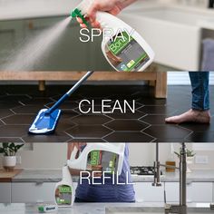 a person using a spray bottle to clean a kitchen counter top with the words spay, clean and refill on it