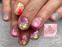 Colourful Disney Nails, Neon Mickey Nails, Disney Nails Neon, Biab Nails Disney, Summer Disney Nails 2023, Epcot Nail Art, Disney Natural Nails, Disney Trip Nails, Disney Nails Kids