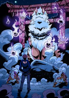 an illustration of a man standing in front of a giant white dog with horns and eyes