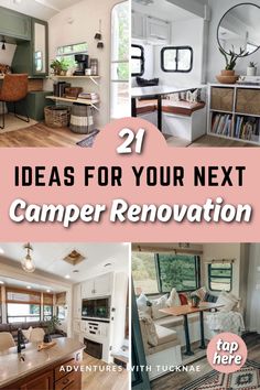 the inside of a camper with text overlay reading 21 ideas for your next camper renovation