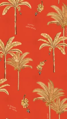 a red background with gold palm trees and birds on them, all in different sizes