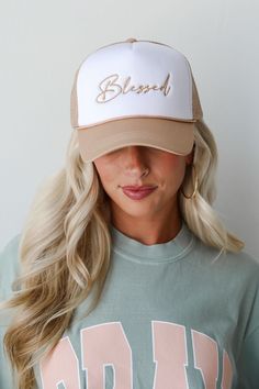 Tan Blessed Trucker Hat | DU Exclusives Cap Women Outfit, Christian Boutique, 2024 Accessories, Christian Hats, Merch Ideas, New Business Ideas, Cute Hat, Style Inspiration Spring, Hat Ideas