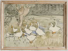 a painting of geese walking in the grass