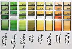 the color chart for different shades of green, orange and yellow with some writing on it