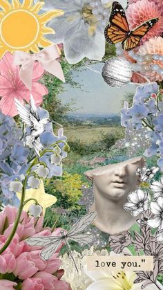 a collage of flowers, butterflies and a woman's head with the words love you