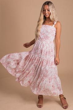 Women's Maxi Dress with Floral Print in White and Red Engagement Photo Dress, Rooftop Gardens, Pink Floral Maxi Dress, Flowy Floral Dress, Dresses Date Night, Shower Dresses, Flowy Maxi Dress, Floral Sundress, Grad Dresses