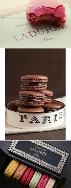 three different types of macaroons are shown in this collage with the words paris