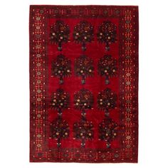 a red rug with an intricate design on the front and back side, in various colors