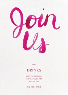 the word join us is painted in pink ink on a white card with purple lettering